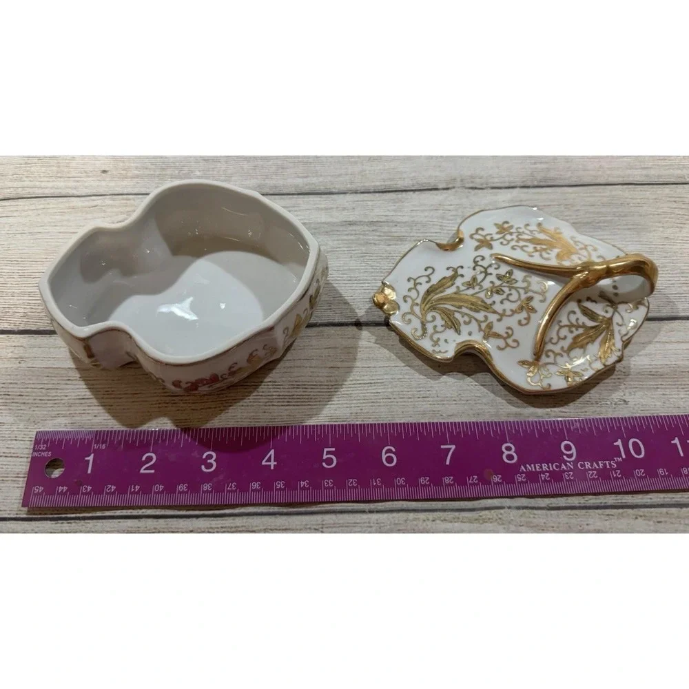Vintage Lenwile ARDALT Gold Leaf Porcelain Lidded Trinket Dish & 2 Trays RETRO
